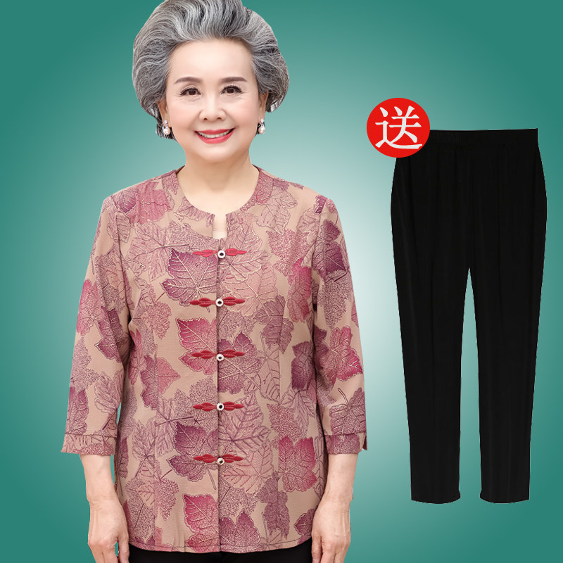Middle aged woman dress with summer clothes half sleeve 70% sleeve suit 60-70-80-year-old grandma loaded with spring clothing mom clothing blouse
