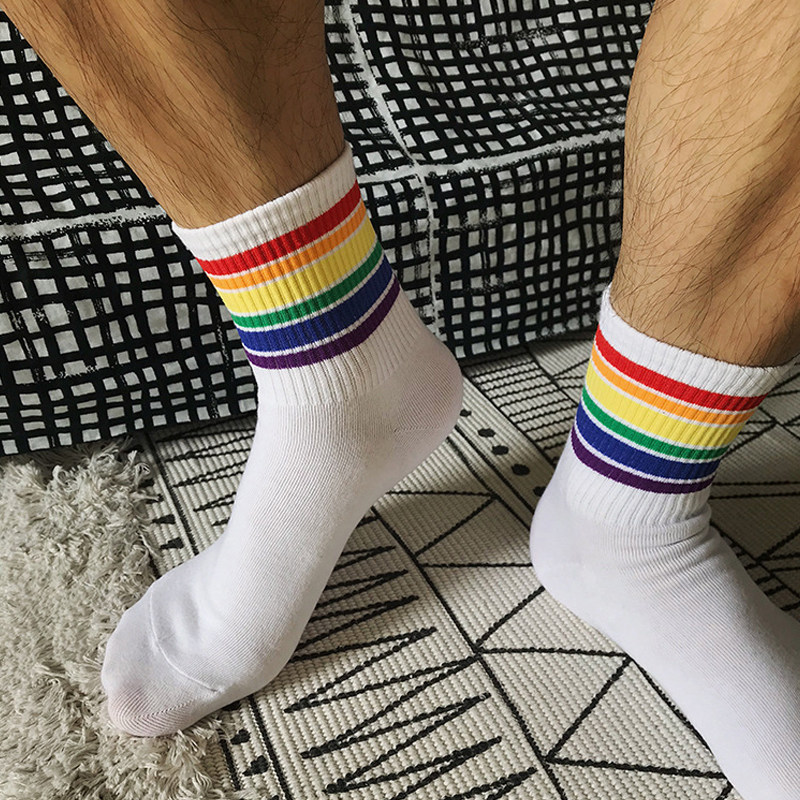 Socks men's tide in the tube rainbow stripe men's gay sports sweat-absorbing breathable deodorant ins trend super hot hip-hop personality