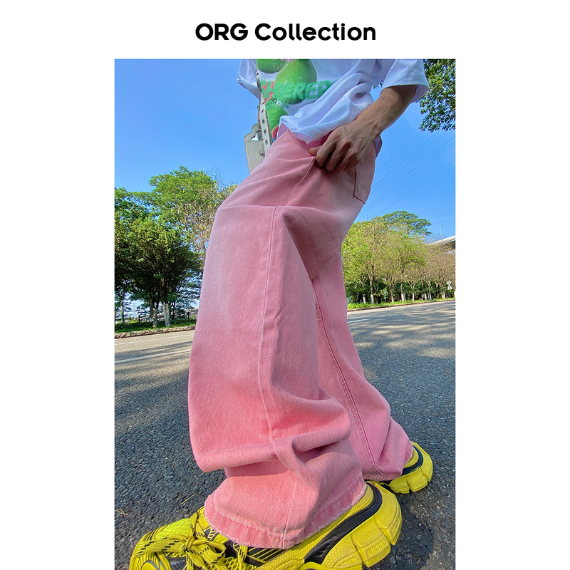 Org Collection Pink Gradient Washed Jeans for Women, American Retro Loose Straight Wide-Leg Pants for Men