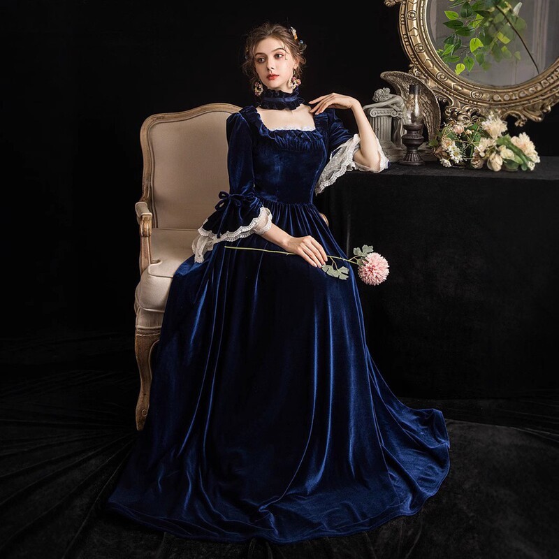 Navy Blue Velvet French Court Evening Dress for Tea Parties, Theatrical Performances, Dance, Masquerade, Hosting, and Runway Shows