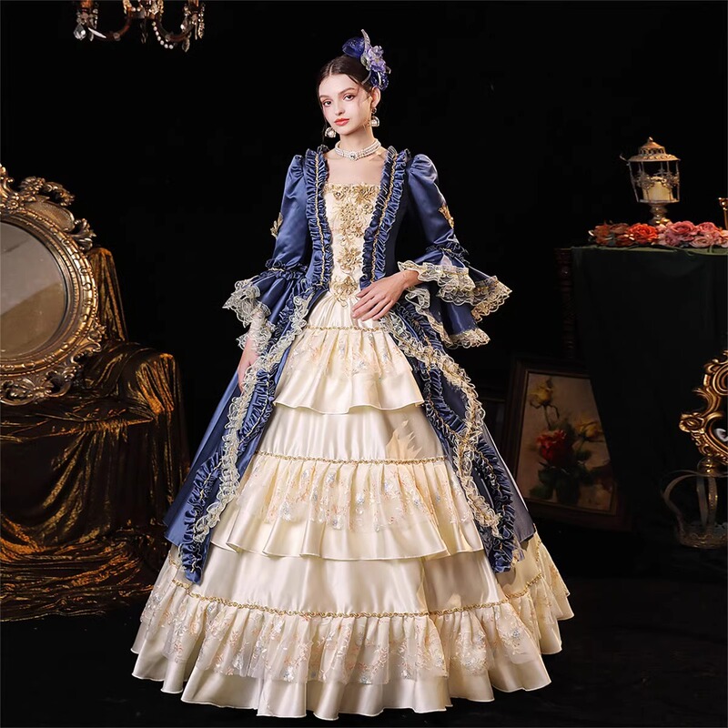 Women's European Medieval Performance Costume British Court Noble Dress Blue Baroque Long Dress Drama Banquet