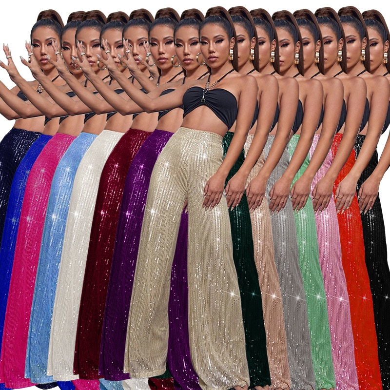 Cross-Border European and American 2023 Autumn and Winter New Trendy American-Style Pearlescent Sequin Women's Casual Straight-Leg Floor-Length Pants