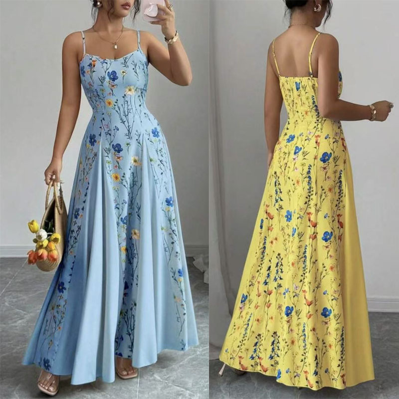 Cross-Border Amazon 2026 European and American Summer New Fashion Printed Waist-Cinching Spaghetti Strap Slim-Fit Long Dress