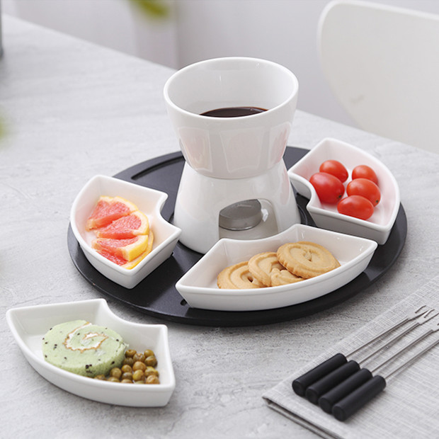 Pure White Ceramic Chocolate Hotpot Suit Ice Cream Hagendas Fire Boiler DIY Cheese Fondue with chassis-Taobao