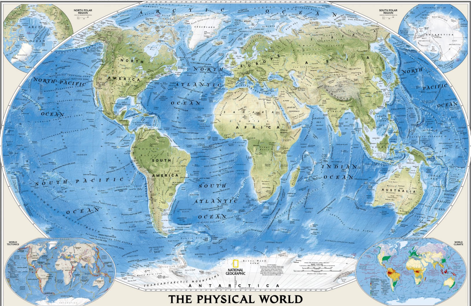英語表記の世界地図、ビンテージスタイル、ナショナルジオグラフィック誌掲載、高精細ラミネート加工防水地図、90×70cm、壁掛け用。