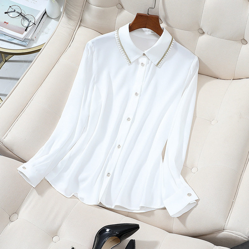 Large size women's autumn shirt fat mm200 catty loose thin long sleeve lapel Chiffon embroidered professional shirt women