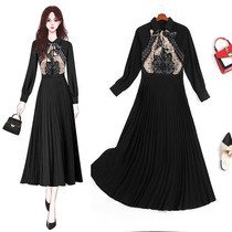 Large size womens autumn new chiffon print dress fat mm200 kg waist thin temperament pleated long skirt