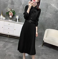 Large size womens temperament meat woman pleated long dress waist thin mm200 pounds pleated shirt dress