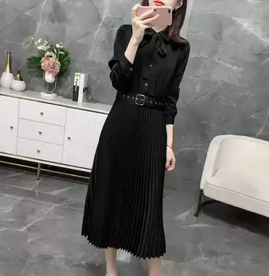 Large size women's temperament covering meat women's pleated long skirt waist thin fat mm200 kg pleated shirt style dress
