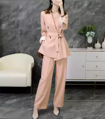 Large size women's Spring and Autumn New lace-up suit wide leg pants set women's fat mm200 kg medium and long version of suit jacket