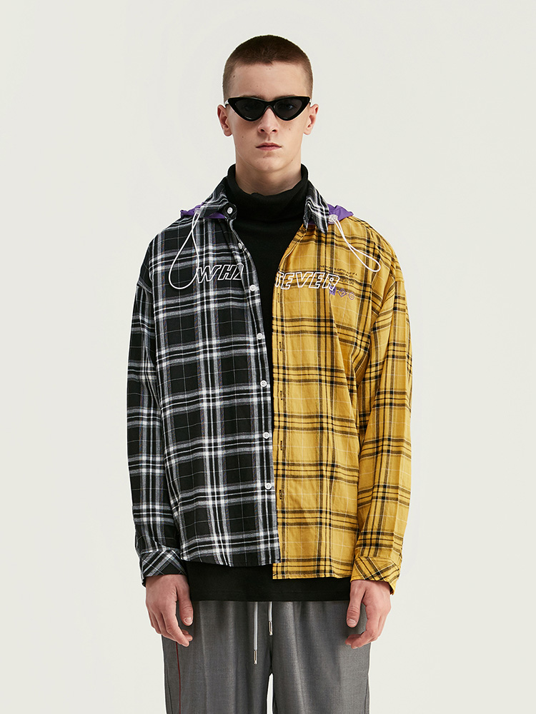 Spring retro trend color contrast stitching plaid shirt men's trendy ins long-sleeved hooded loose boy shirt jacket