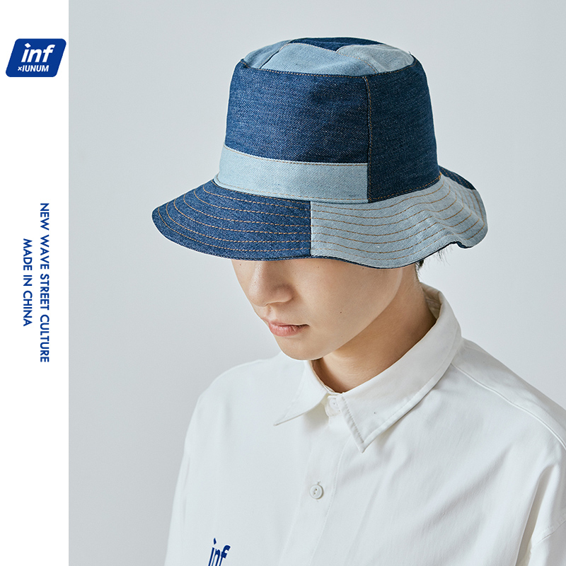Tide brand retro Harajuku couple casual denim stitching fisherman hat men and women trend fashion sunshade flat top basin hat