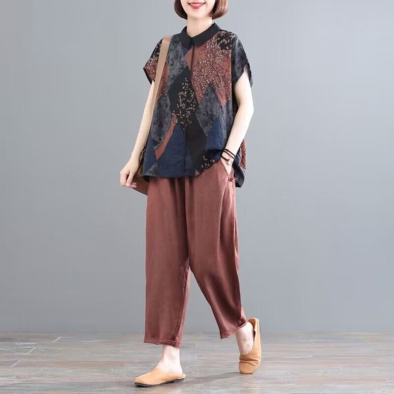 Middle-Aged Mother's Fashionable and Casual Two-Piece Set, Large Size Shirt, Cotton and Linen Mother's Day Clothes, Casual Suit for Summer Middle-Aged Mother's Fashionable and Casual Two-Piece Set, Large Size Shirt, Cotton and Linen Mother's Day Clothes, Casual Suit for Summer