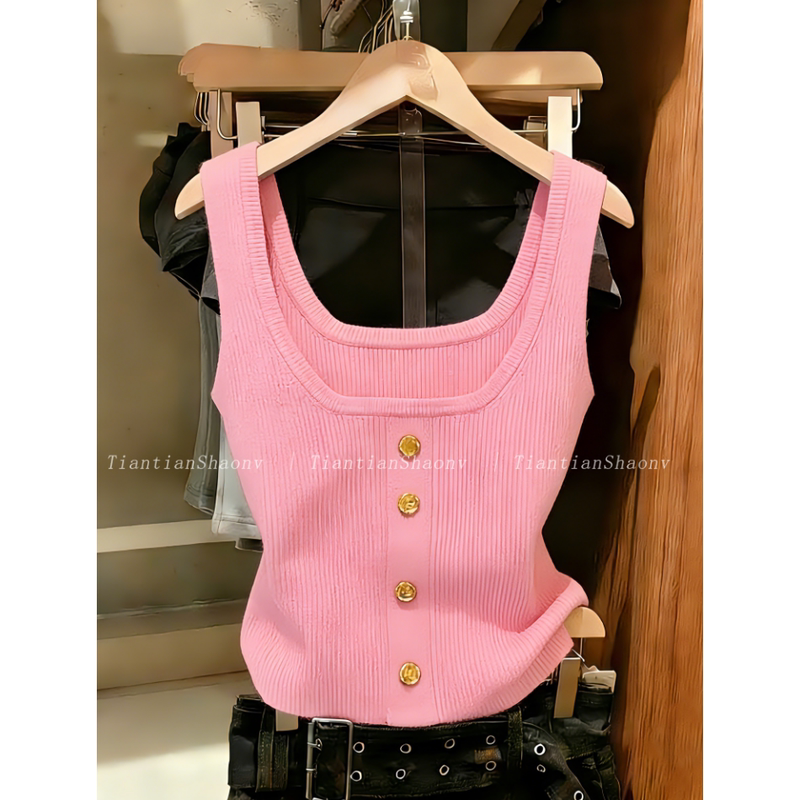 Recommended for Personal Collection~ Dopamine Pink Small Gold Buckle Knit Camisole for Women, Summer Style, Sweet Short Top