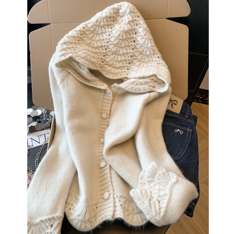 Recommended for Personal Collection~ Korean-Style Hollow-Out Hooded Sweater Knit Cardigan for Women, 2026 New Model, Super Pretty and Soft Top Recommended for Personal Collection~ Korean-Style Hollow-Out Hooded Sweater Knit Cardigan for Women, 2026 New Model, Super Pretty and Soft Top