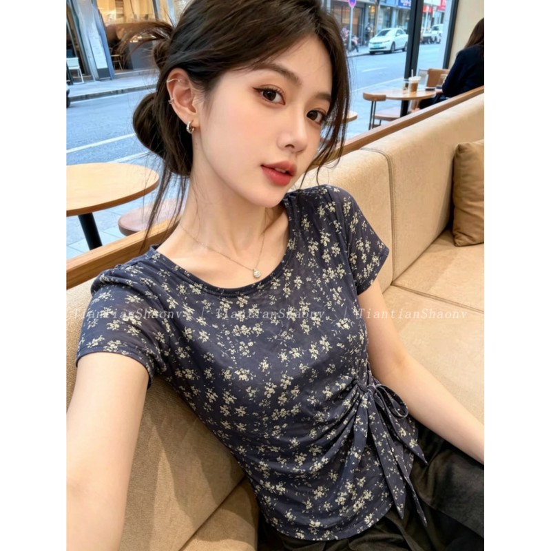 Recommended for Personal Collection~ Vintage Floral Round-Neck Mesh Short-Sleeve T-Shirt for Women, New Summer Style with Waist-Cinching Tie and Slightly Sheer Top Recommended for Personal Collection~ Vintage Floral Round-Neck Mesh Short-Sleeve T-Shirt for Women, New Summer Style with Waist-Cinching Tie and Slightly Sheer Top