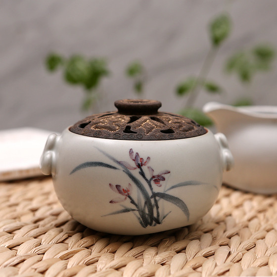 Chinese-style home study decoration tea room incense burner Taiwan Ru kiln hand-painted lotus Chinese painting sandalwood incense burner