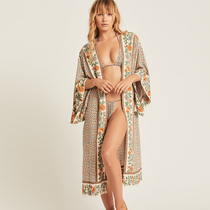 Sunscreen beach coat Bikini swimsuit outer blouse Womens cotton positioning print vacation loose medium-long cardigan