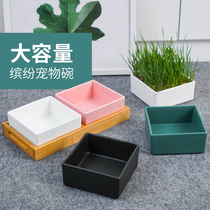 Dog bowl ceramic pet cat double bowl with wooden pallet dog pot eating water cat grain basin large capacity dog basin