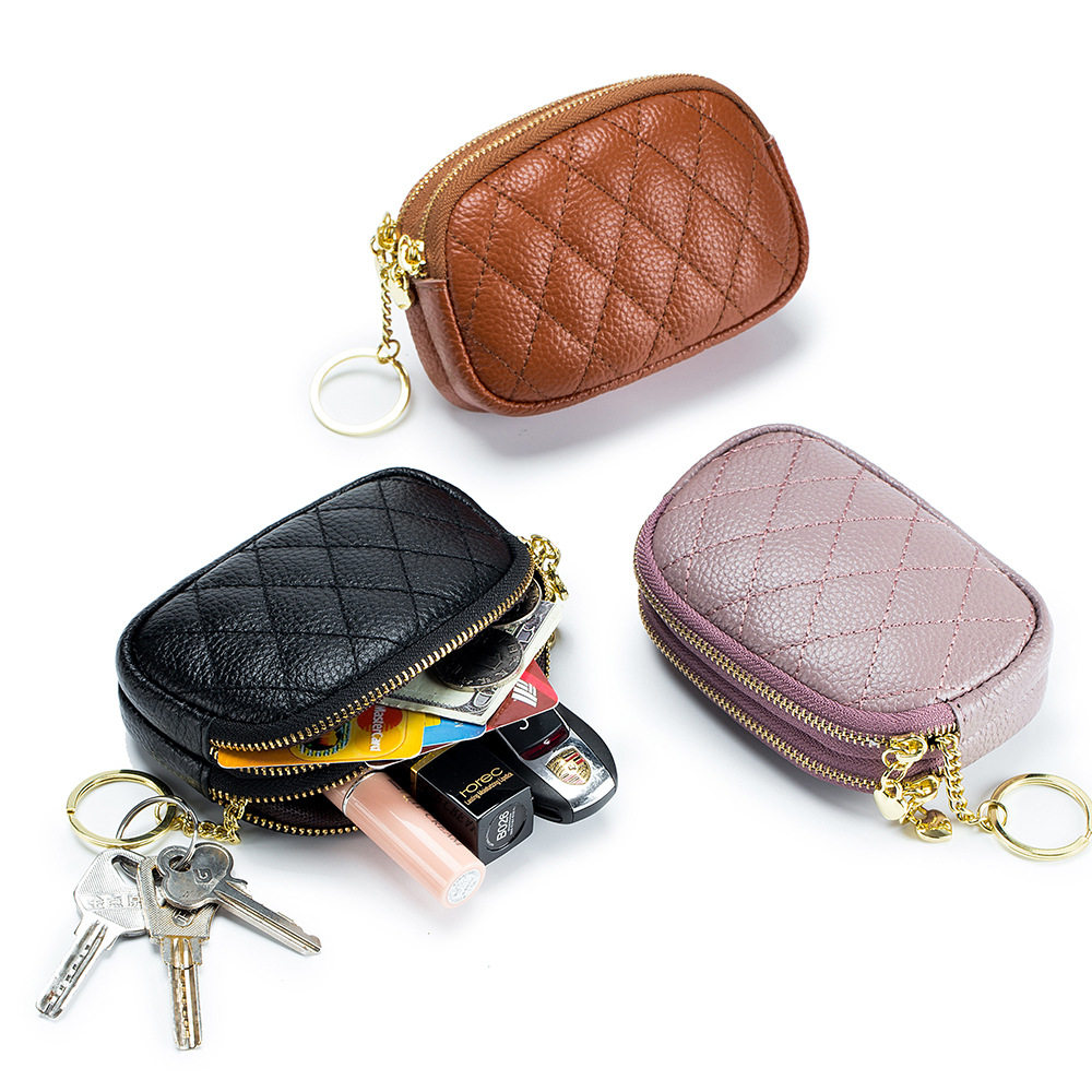 2023 New Head Layer Bull Leather Rhomboid Embroidered Wire Key Ring Buckle Coin Bag Double Zipped Leather Small Zero Wallet Woman-Taobao