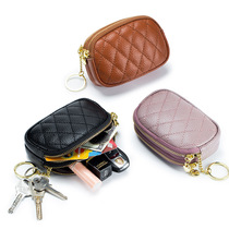 2024 new first-layer cowhide diamond embroidery key ring buckle coin bag double-layer zipper genuine leather small coin purse for women