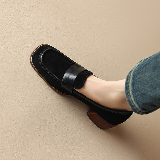 鹿与森林复古粗跟磨砂真皮乐福鞋女2023年春秋新款方头英伦风单鞋