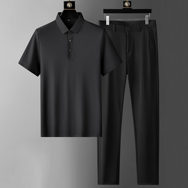 Summer Ice Silk Polo Shirt Men's Business Casual Suit with Short-Sleeved Shirt and Long Pants Set for Middle-Aged Men Two-Piece Set
