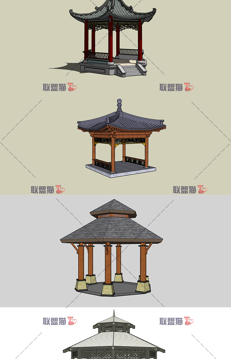 R042-633款古建筑凉亭构件门窗SU素材模型合集-10