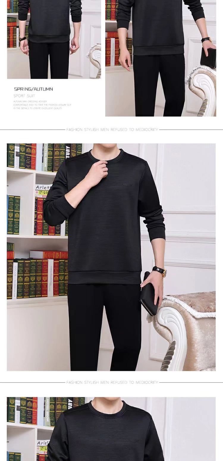 Bộ đồ thể thao nam trung niên nam mùa xuân và mùa thu cha mặc áo len giản dị hai mảnh thể thao cổ tròn trung niên - Thể thao sau