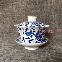  Jingdezhen Cultural Revolution Factory porcelain hand-painted blue and white phoenix wearing flowers Sansai cover bowl Cover cup Teacup boutique collection