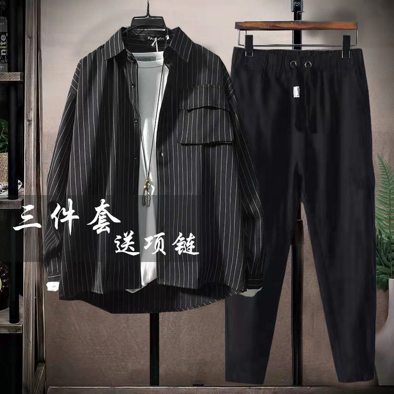Three-Piece Set] ins Hong Kong Style New Versatile Suit for Men, Youthful and Trendy, a Set of Stylish Casual Matching Shirts for Men
