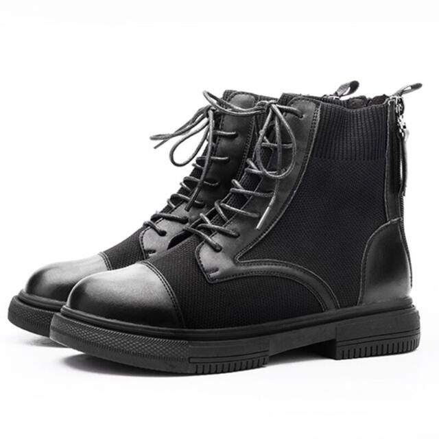 Mowa Autumn and Winter Genuine Leather Martin Boots for Women, Fly-Knit Flat Versatile Parent-Child Boots, British Style Motorcycle Short Boots