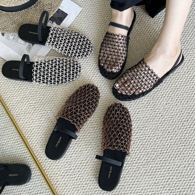 Open-Toe Sandals with Fishnet Back Strap, Flat Roman-Style Shoes, 2025 Summer New Hollow-Out Comfortable Beach Mules