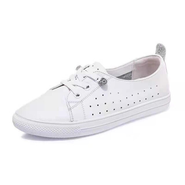 First-Layer Cowhide Cut Out White Shoes for Women Summer New Style Genuine Leather Flats Black Versatile Casual Shoes Shallow Mouth Sneakers