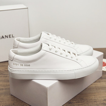 Liu Wen's Same Style White Sneakers for Women, New Genuine Leather Flat-Soled Sports Casual Shoes, White Leather Lace-Up Versatile Sneakers for Women