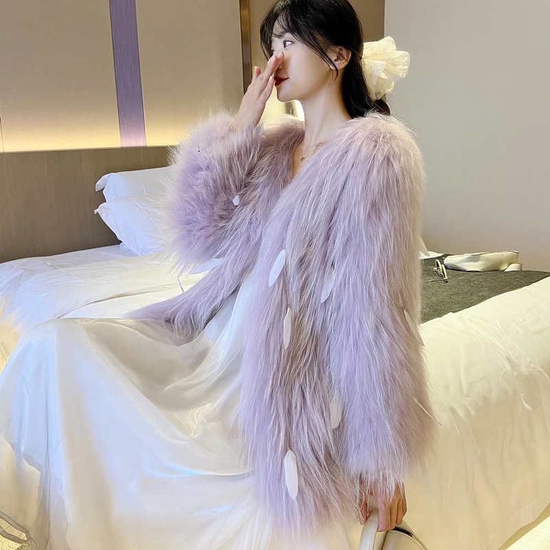 Fox Fur Coat for Women, Mid-Length, 2025 New Style, Feather Tassel Fur, Winter Purple, Thickened Faux Raccoon Fur Coat