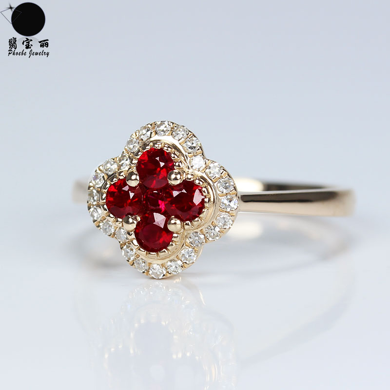 18k Rose Gold Natural Pigeon's Blood Ruby Lucky Clover Ring Deep Red with Diamond Ring Set