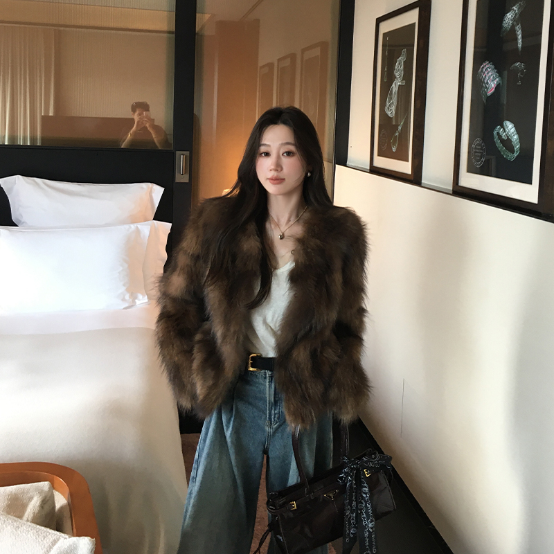 Jiajia Fur「1万年」アライグマの毛皮コートレディースショート秋冬スリム毛皮コートレディース
