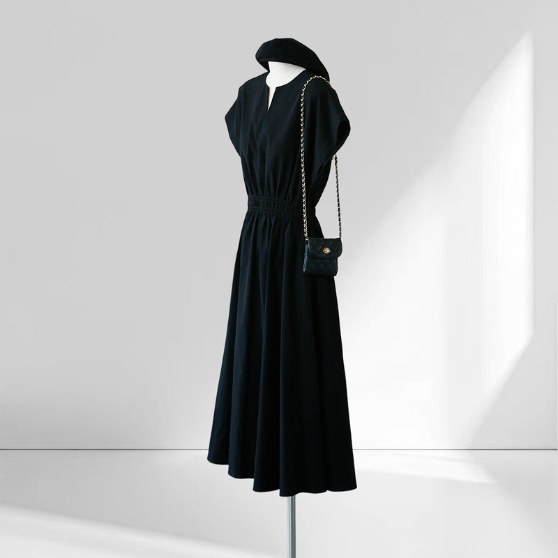 Black V Neck Dress for Women 2026 Summer New Style Hepburn Style Elegant High-End Elastic Waist Slimming Long Skirt Black V Neck Dress for Women 2026 Summer New Style Hepburn Style Elegant High-End Elastic Waist Slimming Long Skirt