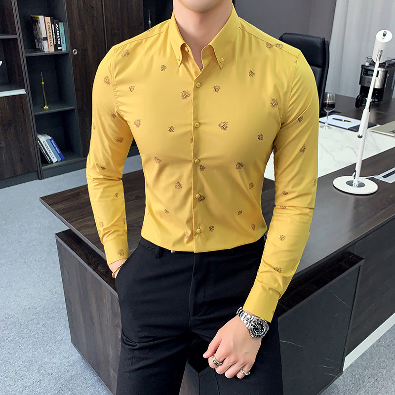 Men's shirt Long sleeve Korean slim-fit Yuppie gentleman British inch shirt Free ironing anti-wrinkle business casual printed shirt