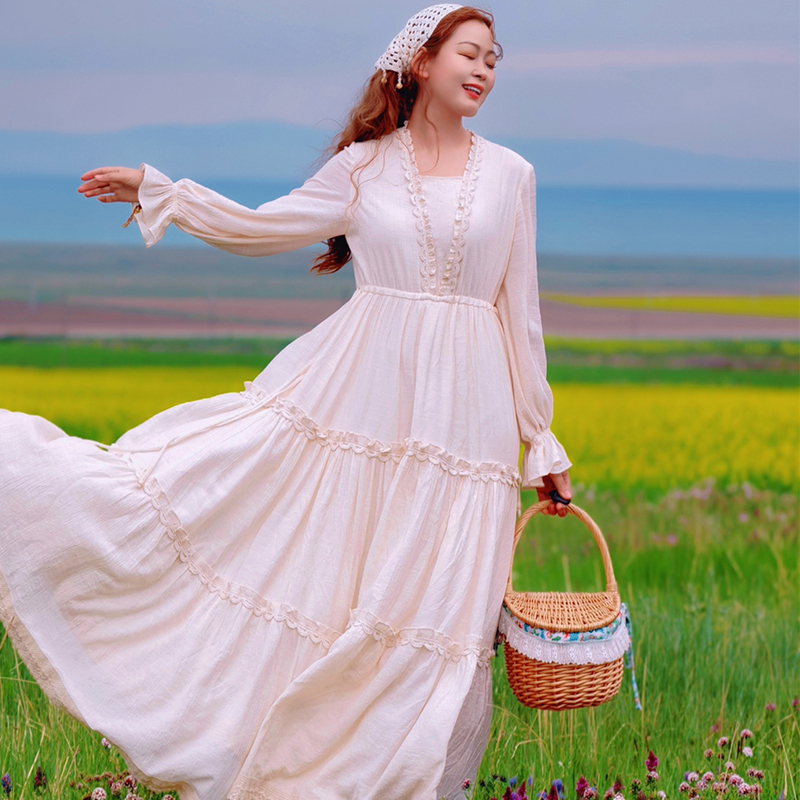 [Dong Yi's Travel Outfit] Jenny's White Lace Princess Dress, Pastoral Style Travel Flared Dress