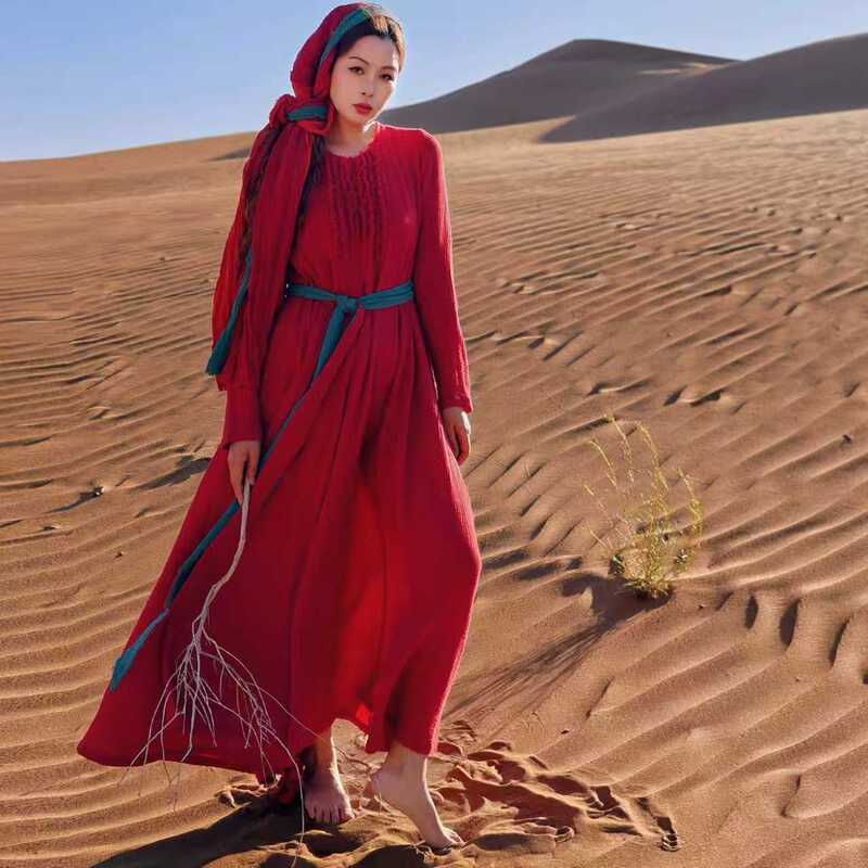[Dong Yi Travel Outfit] Sanmao·Ethnic Style Dress with Scarf for Travel Photography, Artistic Flared Skirt
