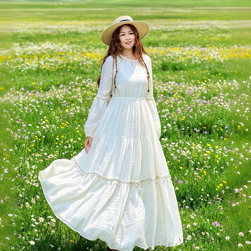 [Dong Yi's Travel Outfit] White Moonlight Dress with Tassels, Long Skirt with Wide Hem, Long Sleeve Dress for Travel Photoshoots