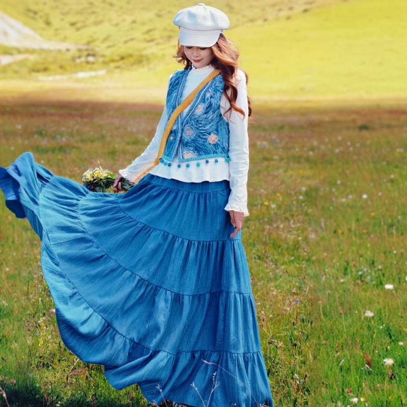 [Dong Yi's Travel Outfit] Blue Wave Skirt for Travel Photography, Large Flared Skirt, Cake Skirt