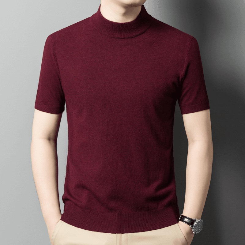 Autumn and Winter Solid Color Half-High Collar Short-Sleeved Knitwear for Men, Korean Style Men's Sweater, Young and Middle-Aged Knit Base Layer