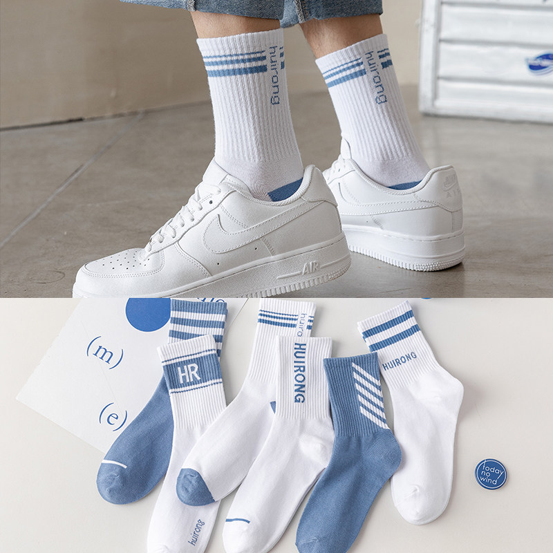 メンズ用白ロングソックス、春夏用コットンソックス、ティーンエイジャー向け防臭ミッドカーフソックス、スポーツ、バスケットボール、トレンディなロングソックス。