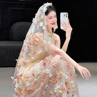 森系超仙美花朵头纱领证新娘结婚拍照清新氛围感求婚头饰晨袍发饰