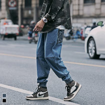 Furnace autumn clothing national tide cashew flower stitching jeans mens trend washed retro tie pants loose trousers