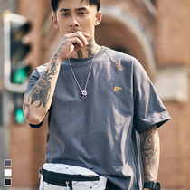 Furnace summer Japanese mens embroidered short sleeve t-shirt trend loose round neck half sleeve shirt Joker student shirt