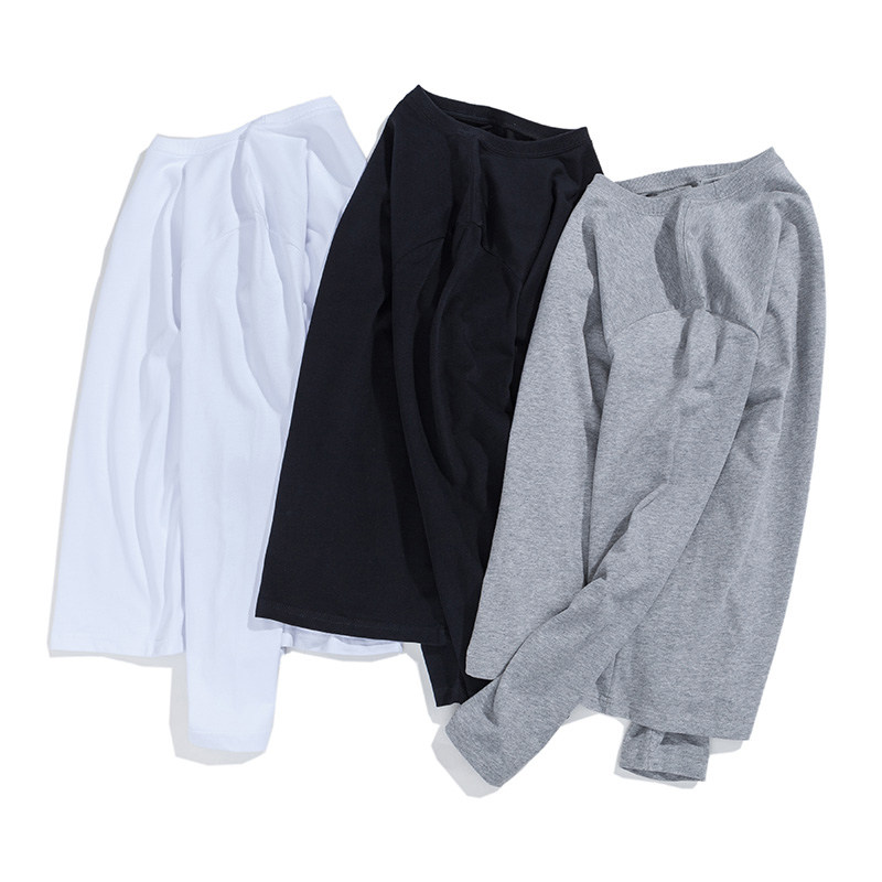 秋季圆领长袖体恤纯色打底衫青年情侣上衣纯棉宽松长袖T恤男潮